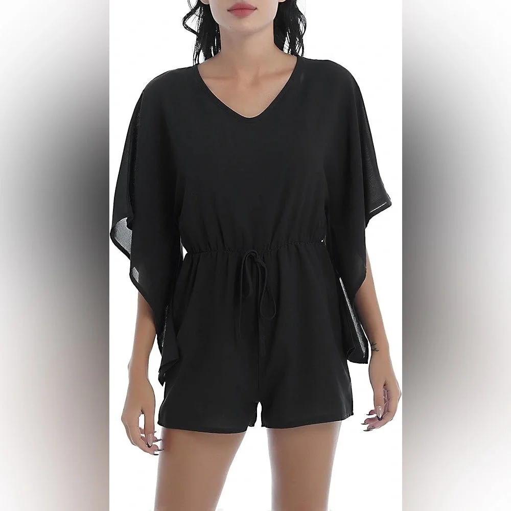 344. Black Sheer Sleeve Romper